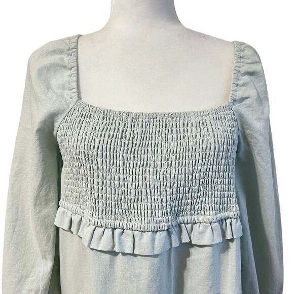 7 For All Mankind Women's Light Blue Linen Smocked Square Neck Midi Dress Large - Picture 3 of 13